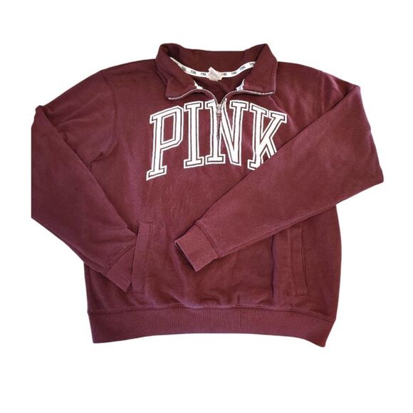 PINK VS 2014 Maroon Red White Logo Quarter Zip Pullover Sweatshirt Medium - Picture 6 of 13